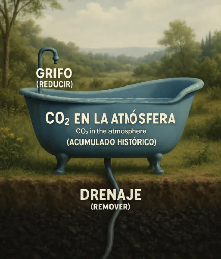 Ilustración de una bañera: el grifo reduce las emisiones y el drenaje remueve el CO₂ acumulado en la atmósfera