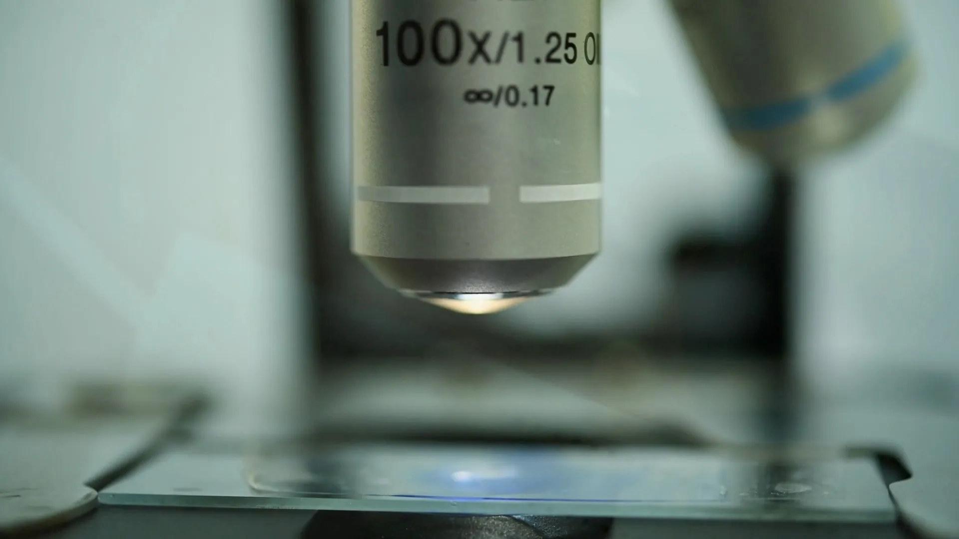Objetivo de microscopio sobre una muestra